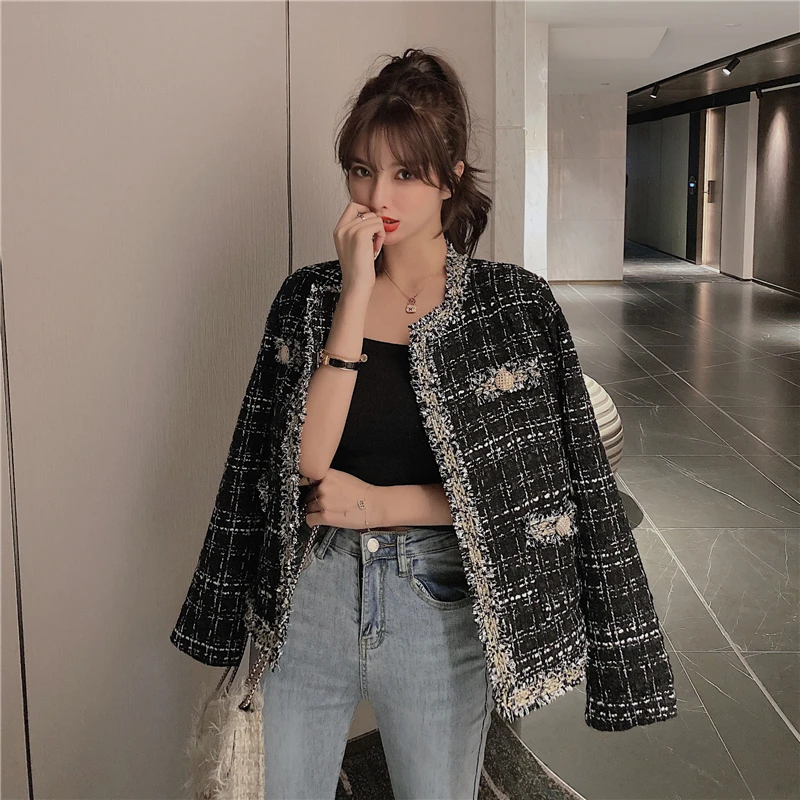

Retro short small Fragrance Jacket Women 2021 Autumn New Korean fashion French jacket Women loose tweed temperament top Female
