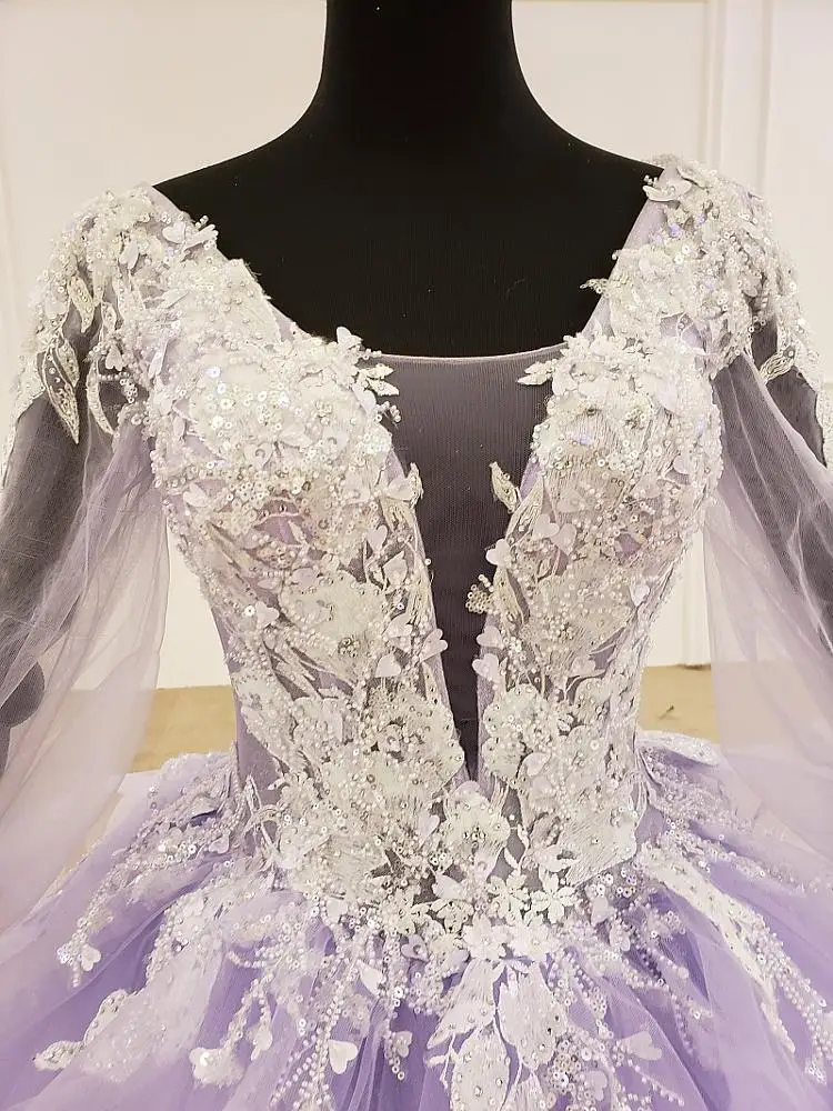 BGW 20218ht 2020 Sexy V Neck Organza Ruffles Ball Gown Purple Sequined Long Sleeves Women Evening Dress Vestido De Noite Curto