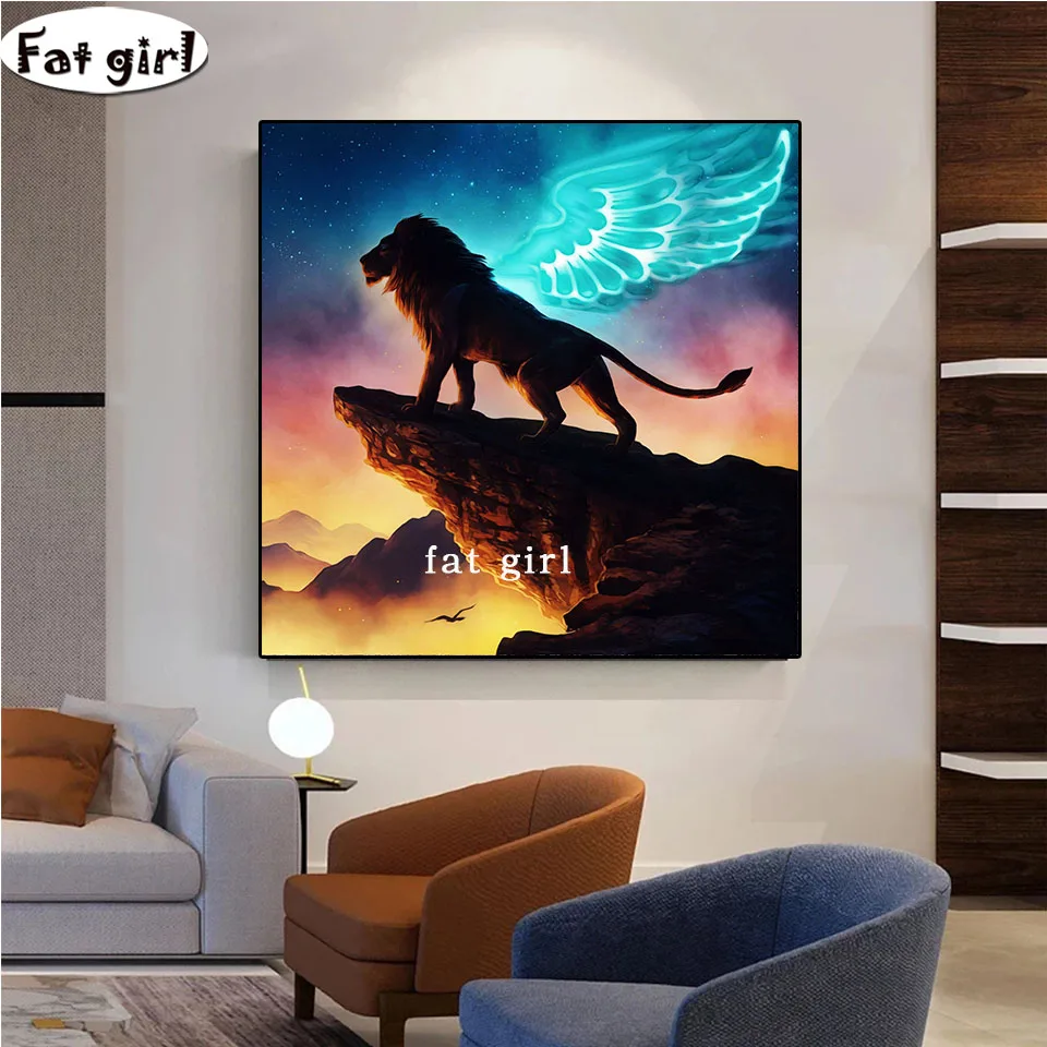 5D Diamond Painting Animal Set Lion,Angel Wings Square Diamond Embroidery Mosaic Picture Cross Stitch DIY Natural Scenery Decor