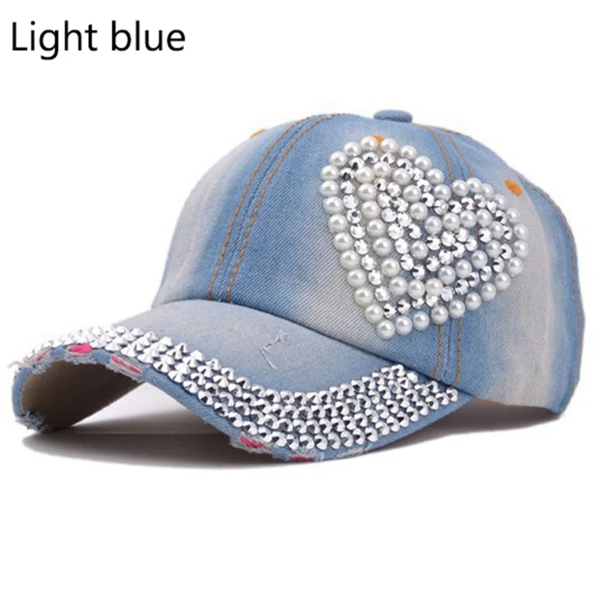 JNKET New Fashion Women Denim Baseball Cap Heart-shaped Diamonds Hip Hop Caps Sunhat Snapbacks Hats Gorras Baseball Casquette