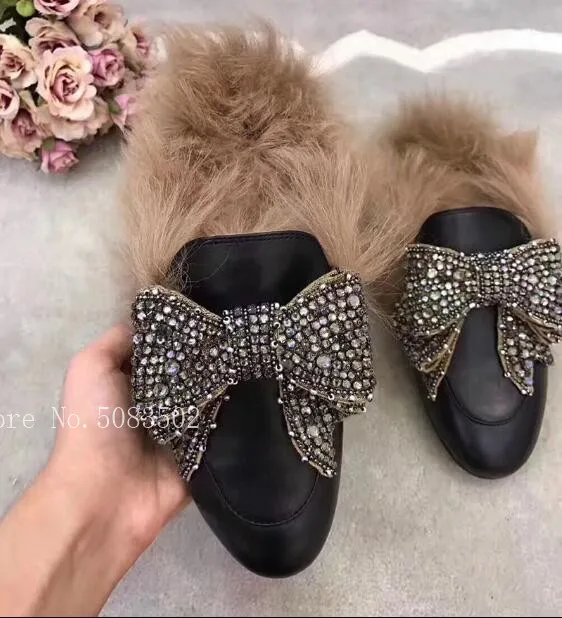 Модные женские зимние тапочки с украшением в виде кристаллов и большим бантом