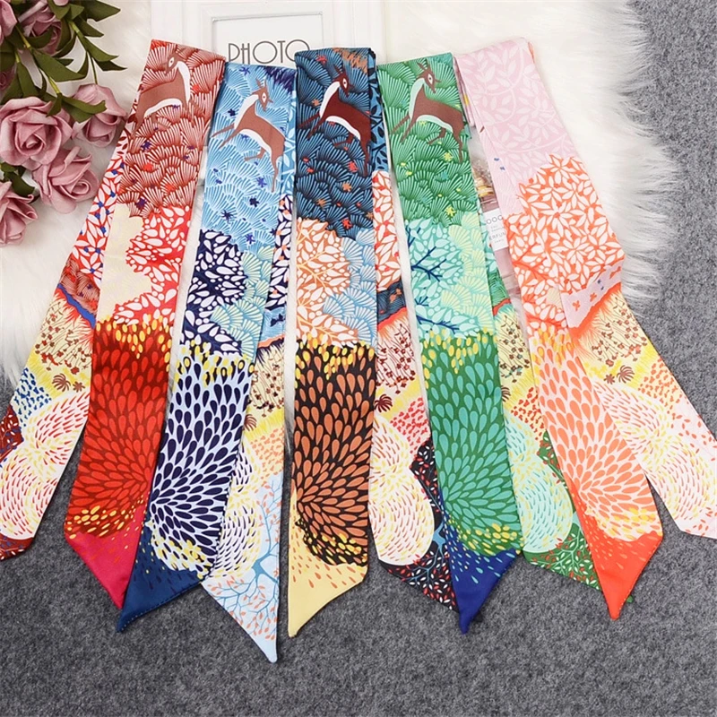 

New Reindeer Luxury Brand Scarf Fashion Printed Silk Scarf Imitation Silk Variety Tie Bag Handle Small Ribbon Ladies Scarf BS21