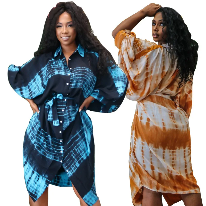 

Dresses Women's Tie-dye Small Floral Irregular Skirt Princess Skirt Shirt Dress Sashes Knee-Length Batwing Sleeve