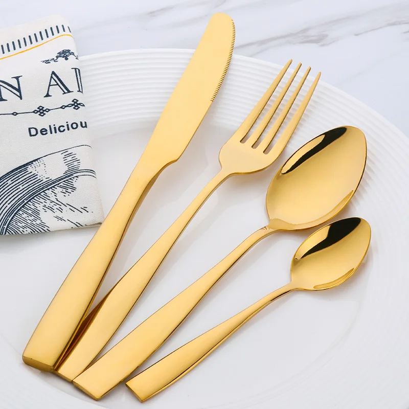 

24pcs Gold Stainless Steel Cutlery Set Dinner Knife Dessert Fork Coffee Spoon Flatware Set metal Dinnerware Tableware for Hotel