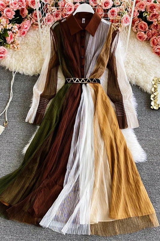 

Women Design Splice Mesh Dress Retro Turn-down Collar Puff Sleeve Button A-line Dress Autumn Fashion Streetwear Dress