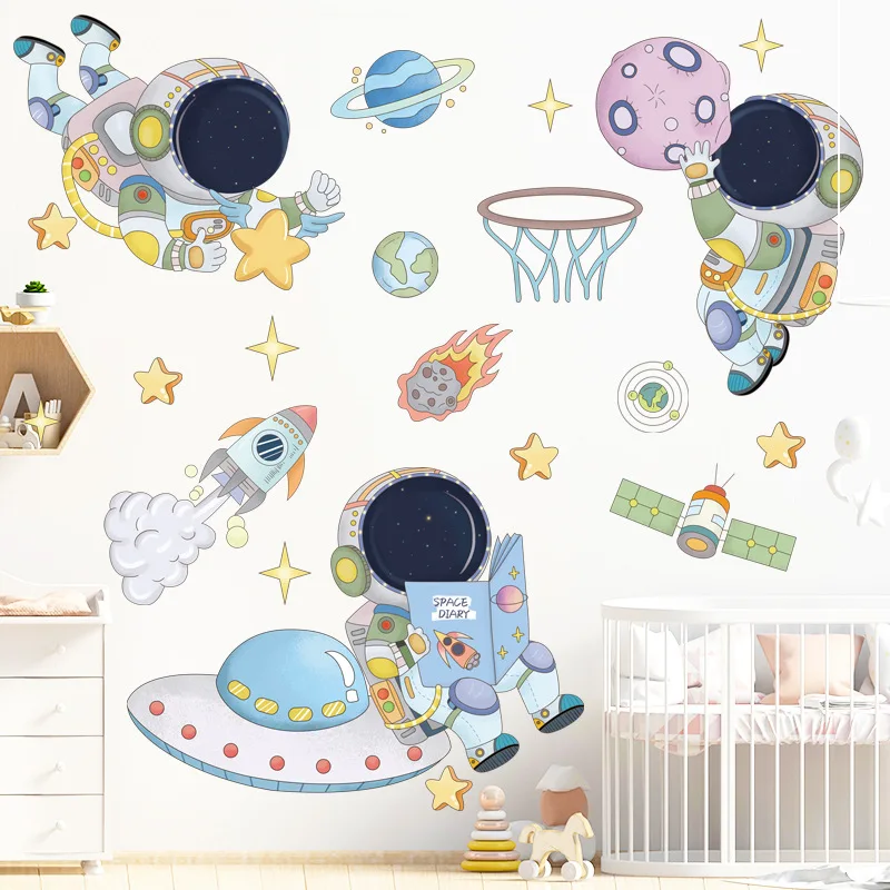 

Space Astronaut Wall Stickers Children's Room Kindergarten Universe Starry Cartoon Cute Background Wall Wallpaper Self-Adhesive