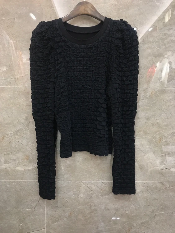 

2020 autumn and winter new women's round neck wrinkle stitching decorative solid color long-sleeved all-match sweater 1102