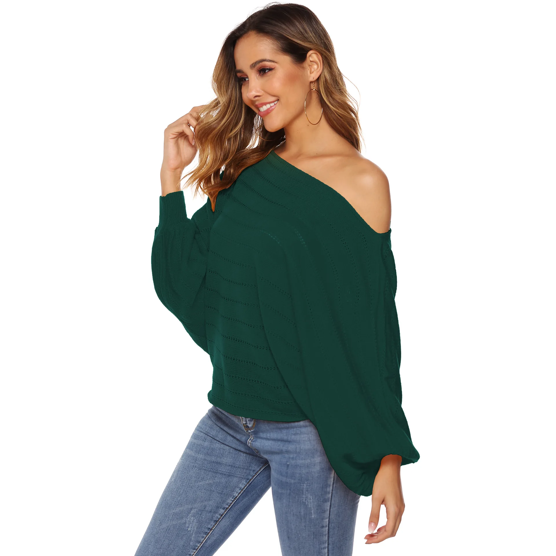 

Knit Sweater Sexy Off Shoulder Sweater Lantern Sleeve Bat Sleeve Top Ropa Mujer Hollow Out Womens Sweaters