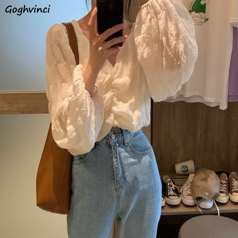 

Puff Sleeve Blouse Women V-neck Folds Sun-proof Leisure All-match Elegant Autumn Fashion New College Femme Soft Solid Crop Tops