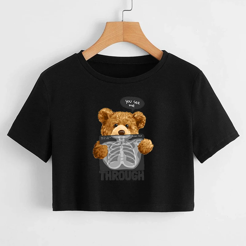 

2021 New Kawaii Bear Print Y2k Women Black Crop Tops Short Sleeve Summer 90s T-shirts Harajuku Casual O-neck Female Tee Clothes
