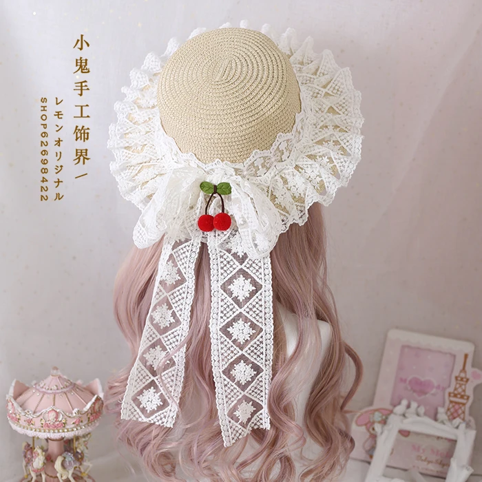 

Origional Japanese Lace Bow Sweet Lolita Hipster Pastoral Soft Sister Dress Japanese Beach Straw Hat