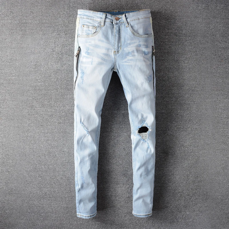

Джинсы мужские рваные в стиле панк, эластичные брюки Slim Fit, уличная одежда в американском стиле, светло-голубые, хип-хоп