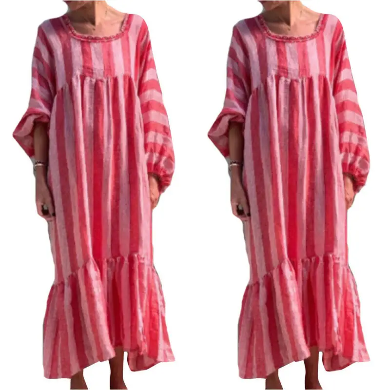 

Womens Long Sleeve Long Maxi Dress Ladies Stripe Loose Casual Holiday Dresses