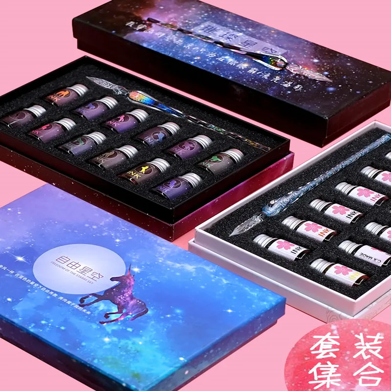 Ручка плюс 12 бутылок цветных чернил Канцелярский набор Стеклянная канцелярия