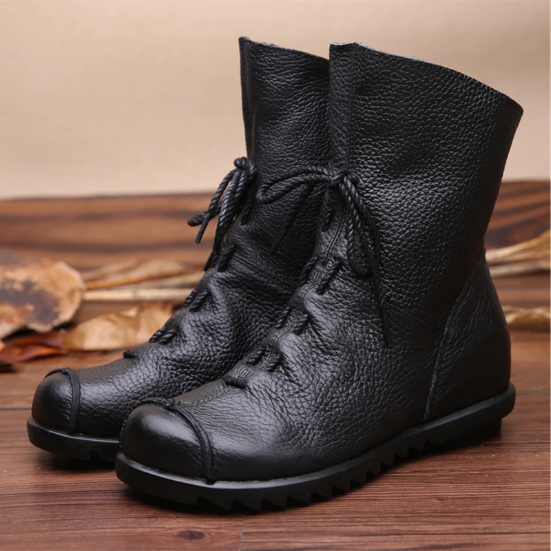 

2021 Vintage Style Genuine Leather Women Boots Flat Booties Soft Cowhide Women's Shoes Front Zip Ankle Boots zapatos mujer