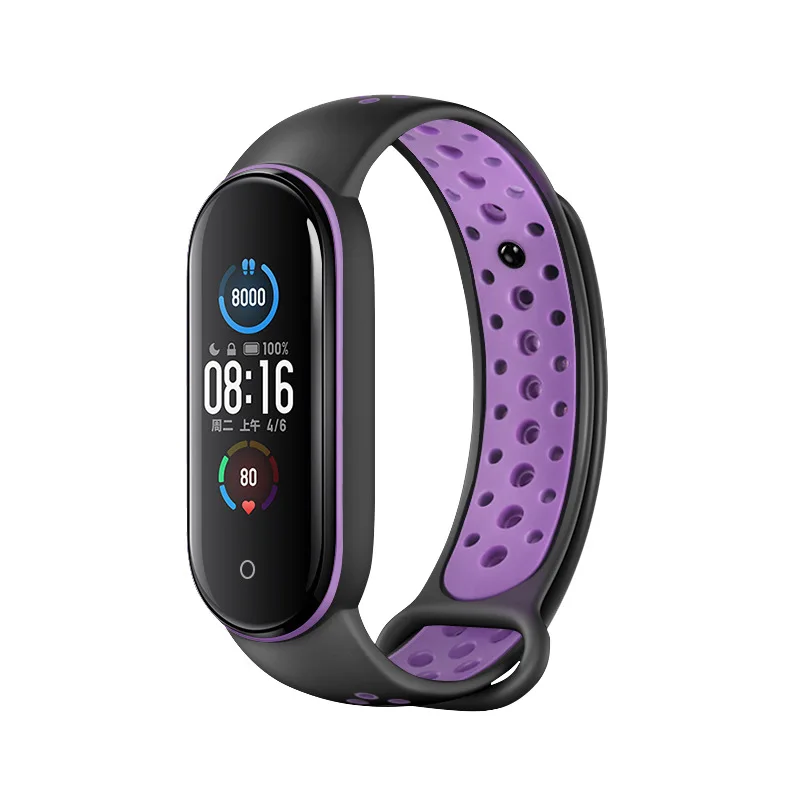 Силиконовый двухцветный ремешок для Mi Band 5 пористый дышащий браслет с защитой от