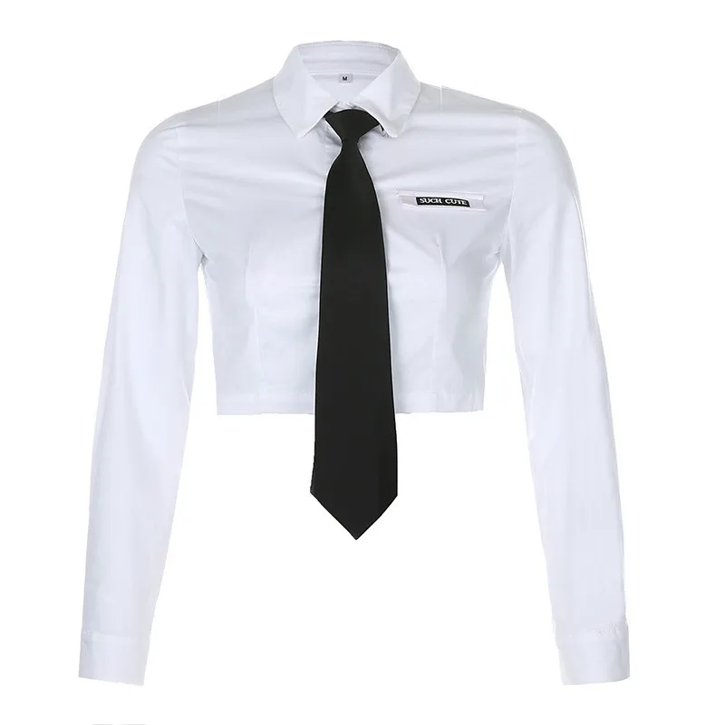 

Women Shirts Solid Color Short Turn Down Collar Shirts Casual Button Full Sleeve College style Shirts Women Clothing