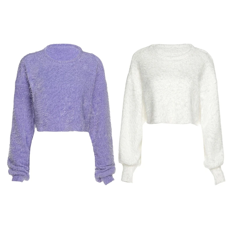 Женский Пушистый свитер с длинным рукавом и круглым вырезом однотонный пушистый