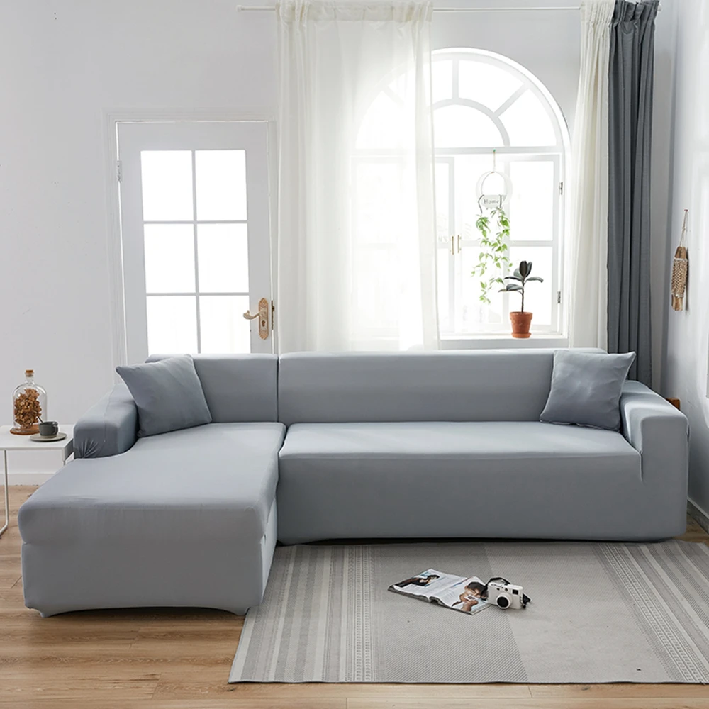 

Elastic Corner Sectional Sofa Cover for Living Room 2 3 4 Place Light Grey Solid Color L Shape Protection Chaise Longue Covers