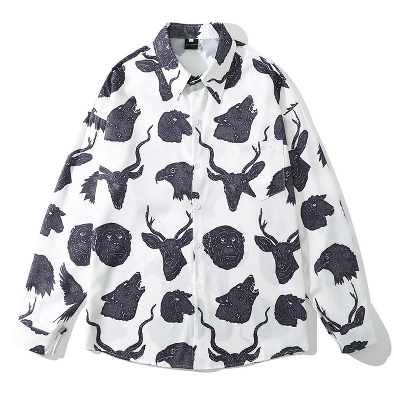 

Mens Animal Printed Hawaii Shirt Summer Male Harajuku Button Shirts Streetwear Long Sleeve Oversize Chic Blouse camisa masculina
