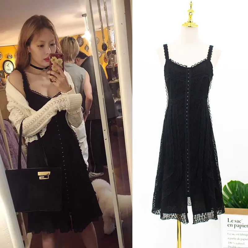 Kpop 4Minute Kim Hyun A same летнее модное черное сексуальное тонкое кружевное платье женское корейское уличная платье на бретельках женская одежда