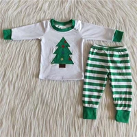 kids clothing green christmas tree embroidered long sleeved top and green striped pantsuit girls clothes