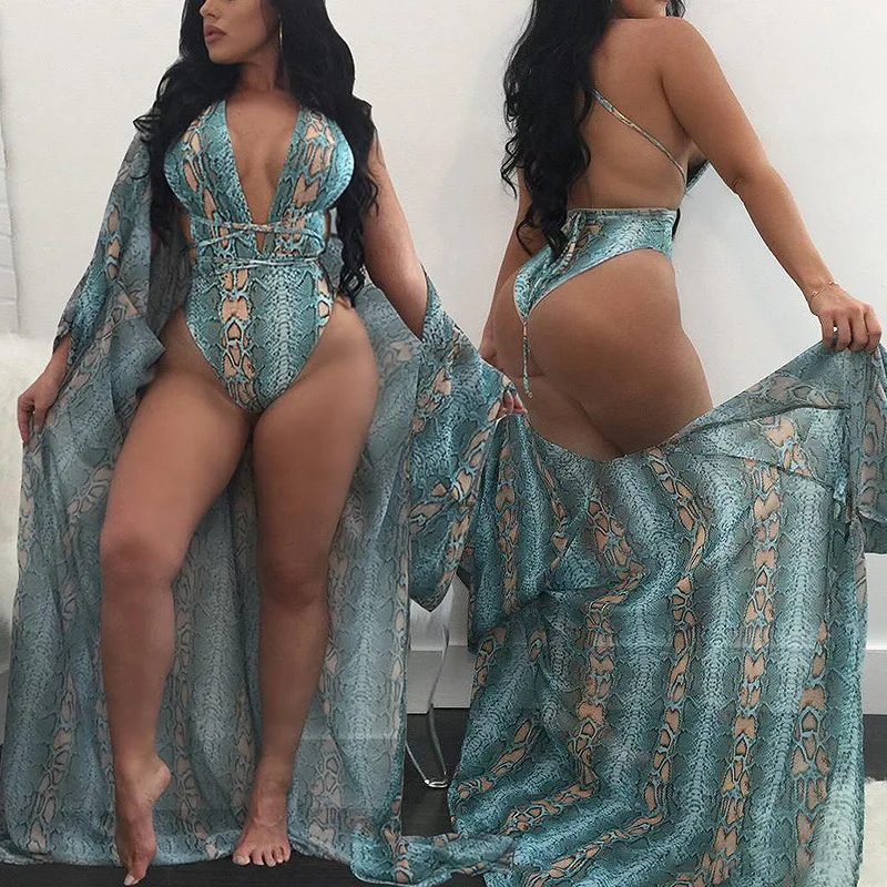 

2020 New snake skin printed bandage one piece swimsuit+cover up set sexy women 2PCS/SET beachwear swimsuit cover up set