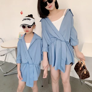 New Mother Daughter Shirt Long Sleeve Blue Blouse Shirt Family Matching Outfits Clothes Loose Causal Style Shirt