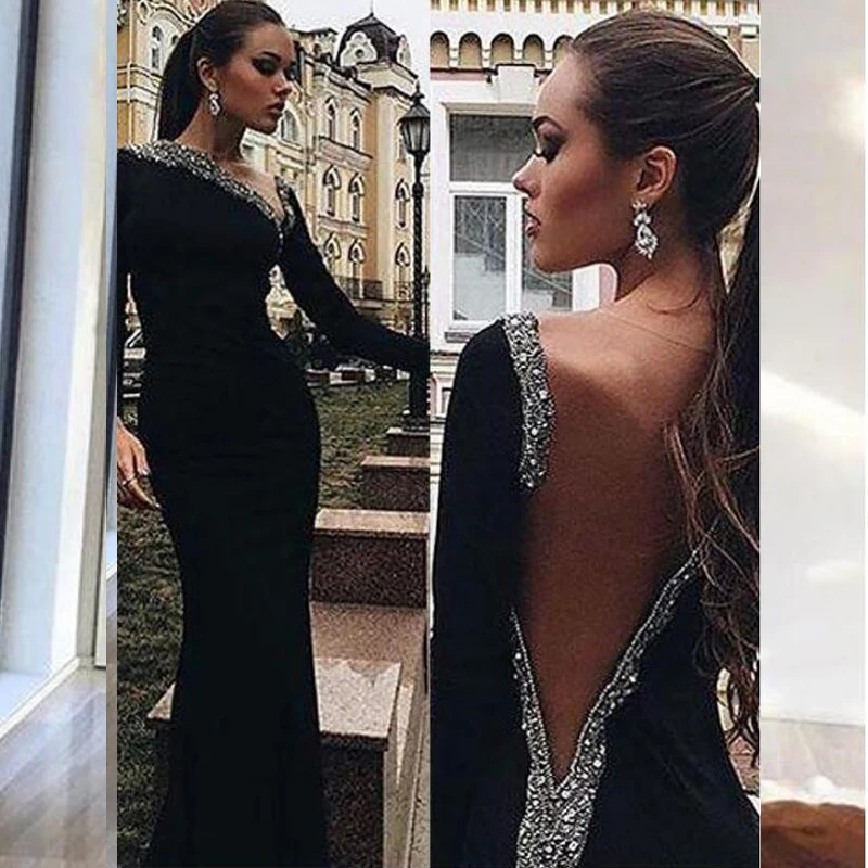 

Vestido de festa Mermaid Evening Dresses Black Long Sleeves Crystal Beading Floor Length Evening Dress Formal Party Gowns