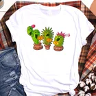 Модная женская футболка, одежда, женская футболка с рисунком растений и кота, милая Летняя женская футболка с мультяшным КАКТУСОМ, женский топ, одежда, футболка