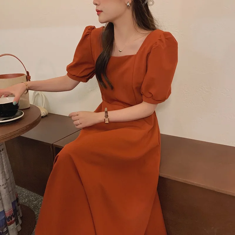 

Summer Women Elegant Dress Solid Square Collar Short Sleeve Ladies Dress Vintage Female Vestidos