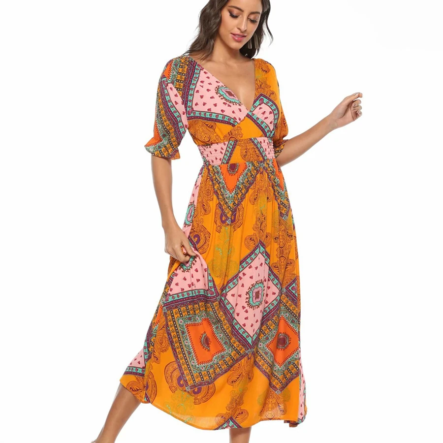 Женское винтажное платье макси из хлопка с глубоким v образным вырезом и открытой