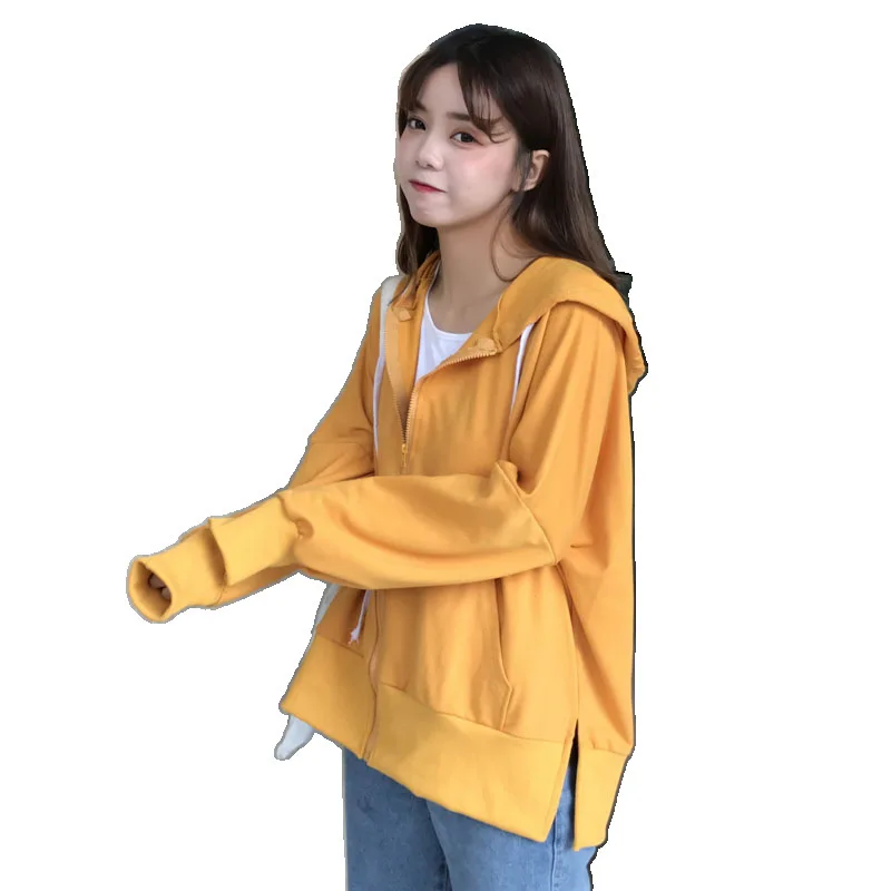 

2020 new Korean college style loose solid color long sleeve hooded thin coat student women's hem split top