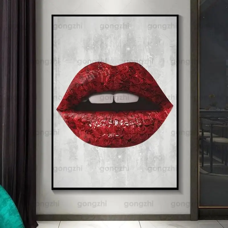 

Fashion Home Decoration Sexy Beautiful Female Red Lips Wall Painting Hd Waterproof Ink Printing Modern Canvas Poster