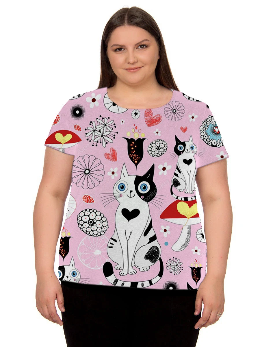 

New Women Cartoon Cat Print T Shirt Summer Short Sleeve Round Neck Tops Casual Streetwear Ladies Shirt Plus Size 3XL 4XL 5XL 6XL