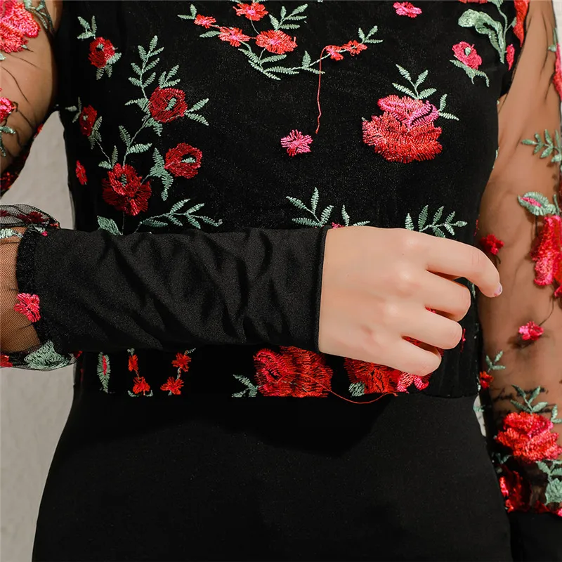 

Female Slim T-Shirt Fashion Floral Embroidery Mesh Transparent Long Sleeve Top Tees Autumn Casual O Neck Women Tshirts