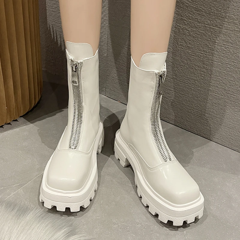 

Женские ботильоны на молнии спереди Rimocy, мотоциклетные ботинки на платформе, ботинки из искусственной кожи на квадратном каблуке, осень 2021