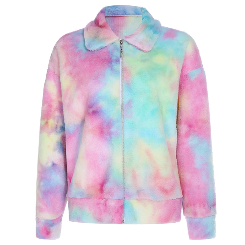 

Winter Tie Dye Pink Coat Women Casual Loose Turn Down Collar Jacket Streetwear Warm Soft Autumn Female Overcoat