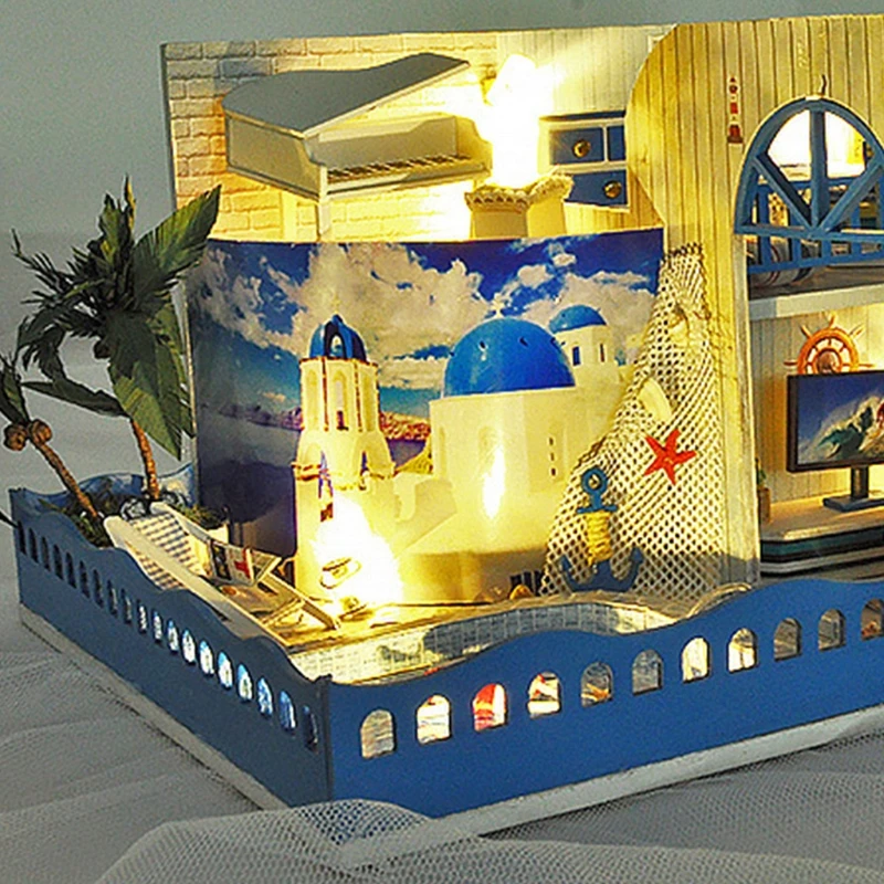 

Dollhouse Miniature with Furniture, DIY Wooden House Kit Plus Dust Proof , 1:24 Tiny House Building Kit( Aegean Sea