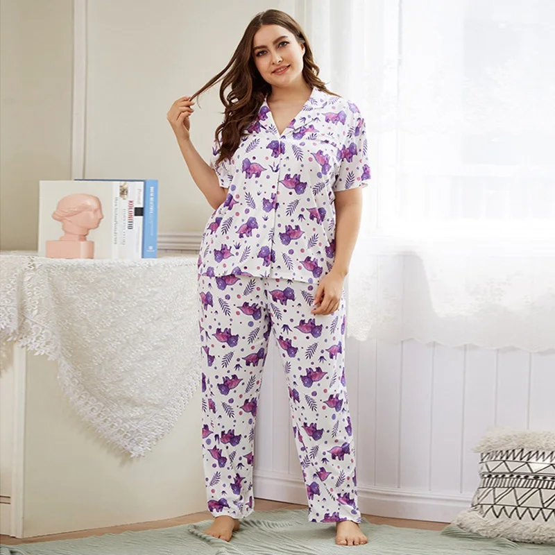 

Women Printed Button Casual Pajamas Set Short Sleeve Lapel Home Service Two-piece Set Summer Pajama