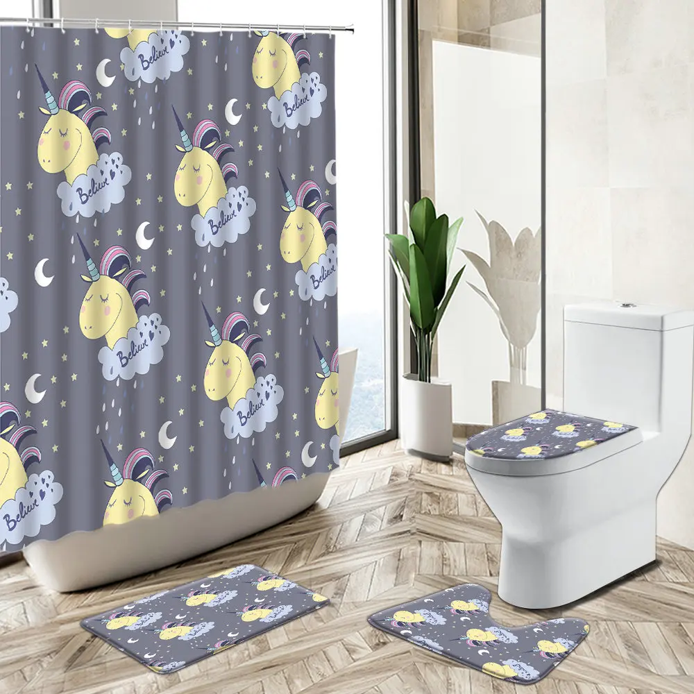 

Cute Cartoon Unicorn Whale Children Bathroom Shower Curtain Set Rainbow Creative Non-Slip Pedestal Rug Toilet Cover Home Decor