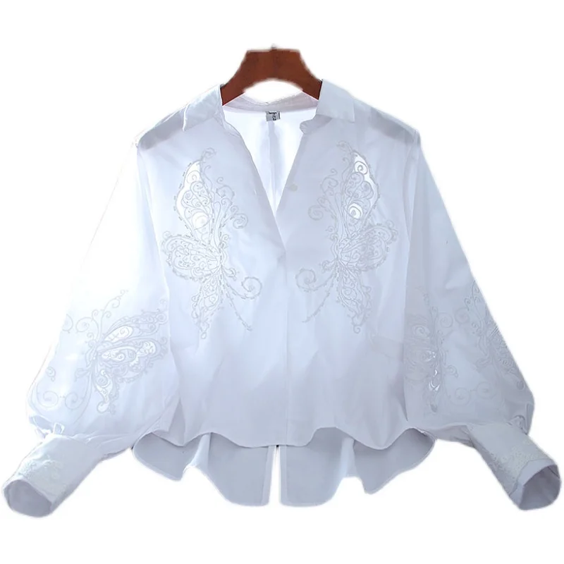 Dame Coton Pur Blanc Chemise Femmes Broderie Creuse Tout-Match Taille Haute Décontractée Lâche V-Cou Blusas Femme Printemps été