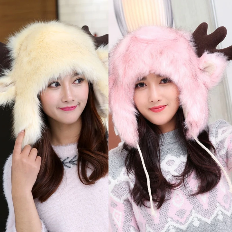 

Unisex Winter Cosplay Furry Trapper Hat Cute Deer Ears Antlers Fluffy Plush Animal Earflap Cap Thermal Warm Earmuffs