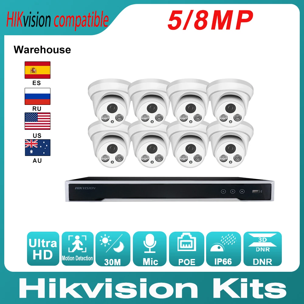 

Hikvision Compatible Kit IP Dome Camera 5/8MP 8PCS Built-in Mic + Hikvision Original NVR DS-7608NI-K2/8P 8CH POE 4K CCTV System