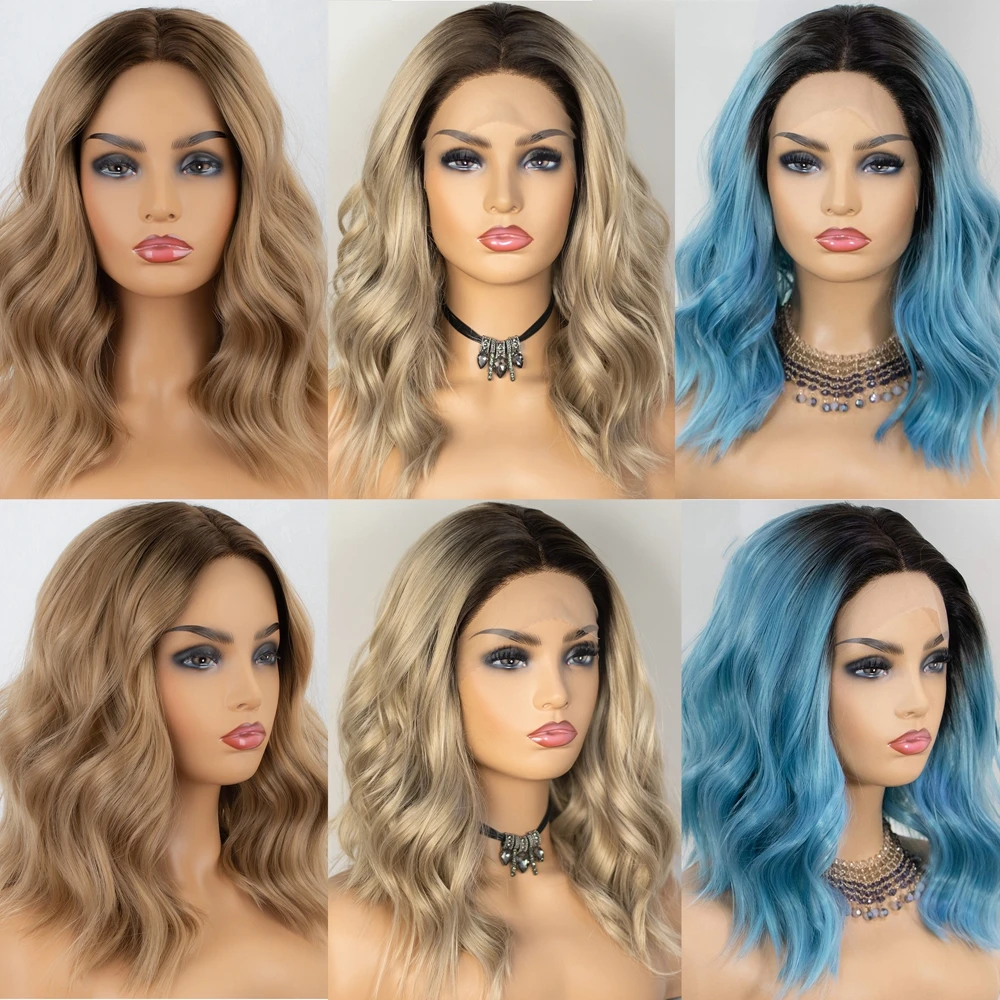 

Kryssma Short Bob Lace Front Wig Synthetic Ombre Blonde Blue Green Lace Front Wigs for Women Cosplay Glueless Femme Perruque