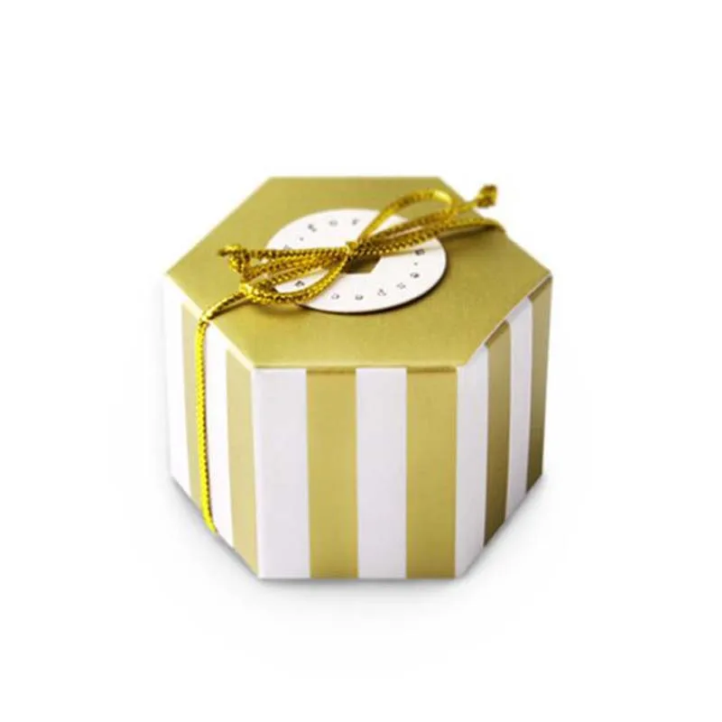 

100pcs Mini Stripe/Dots Golden Bronzing Color Hexagon Wedding Chocolate Box Candy Box Baking Package Wedding Party Decorations