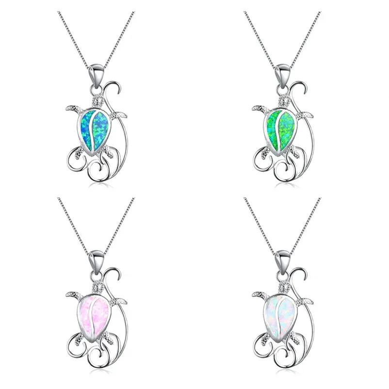

Fashion Lovely Blue Imitation Fire Opal Turtle Pendant Necklaces For Women Silver Color Fill Charm Animals Jewelry Necklace Gift