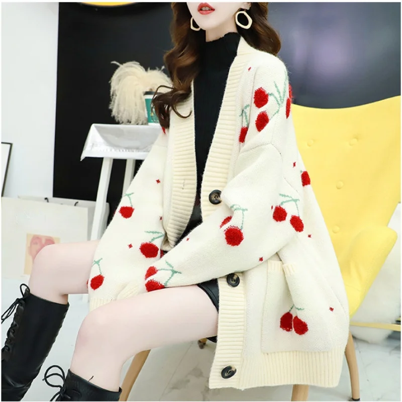 

Женский осенний свитер с вышивкой вишни, кардиган средней длины, женский свободный трикотажный свитер с V-образным вырезом и рукавом летуча...