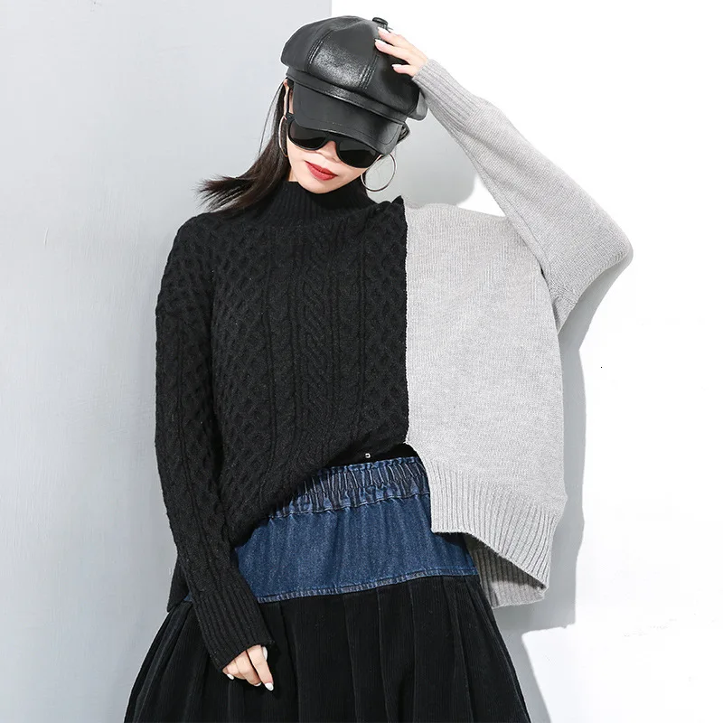 LANMREM 2020 Winter New Stitching Contrast Color Pullover Sweater Turtleneck Knitting Irregular Bat styles Female PC059 | Женская одежда