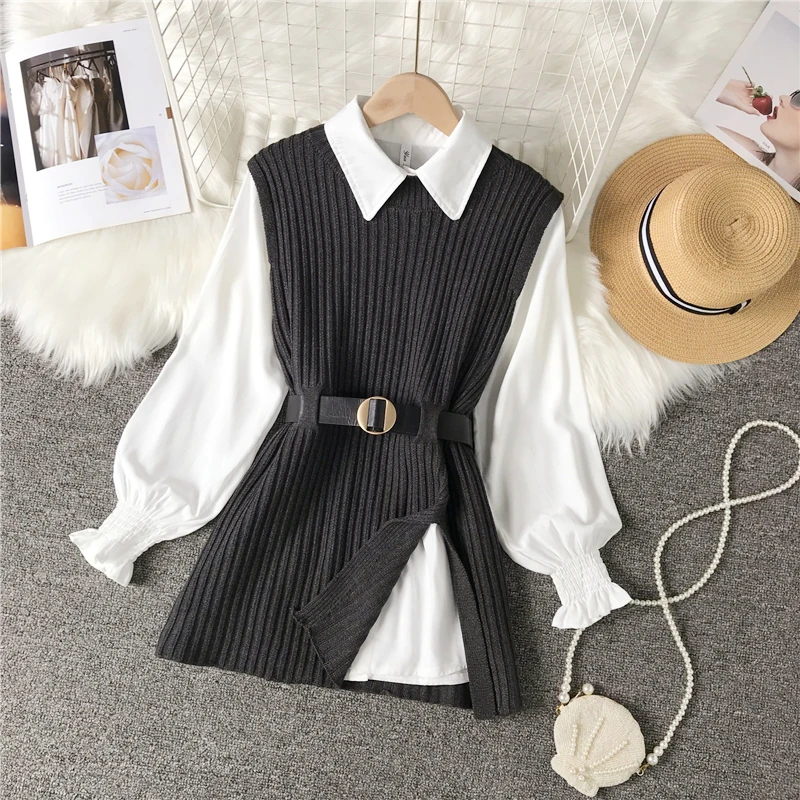 

2021 spring autumn women's lantern sleeve shirt knitted vest two piece sets of College style waistband vest two sets top